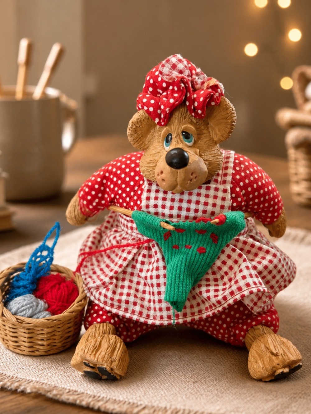 Russ Berrie Red and White Bear Knitting Doll